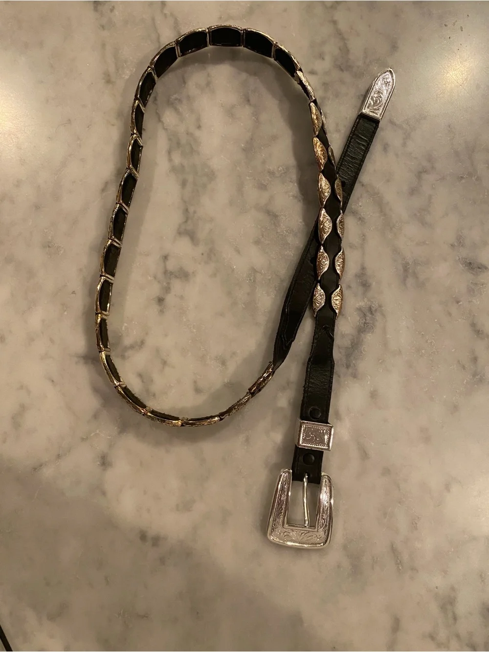 Black Top Grain Cow Hide Western Belt with Engraved Silver-Tone Hardware